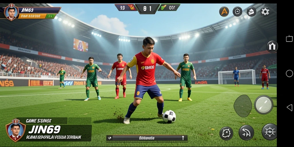 Screenshot utama JIN69 menampilkan aksi seru di lapangan sepak bola.