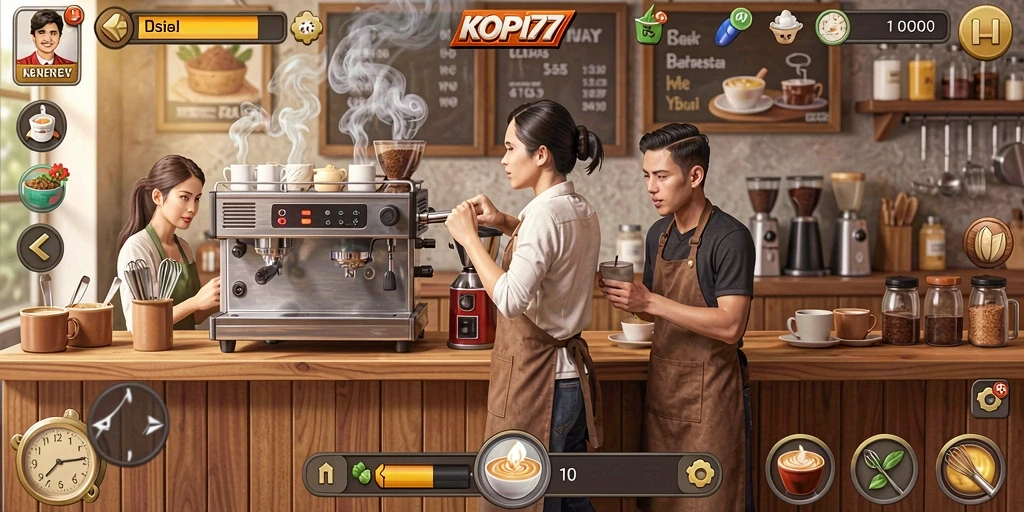Tampilan gameplay KOPI77 yang menarik dengan kedai kopi yang berkembang.