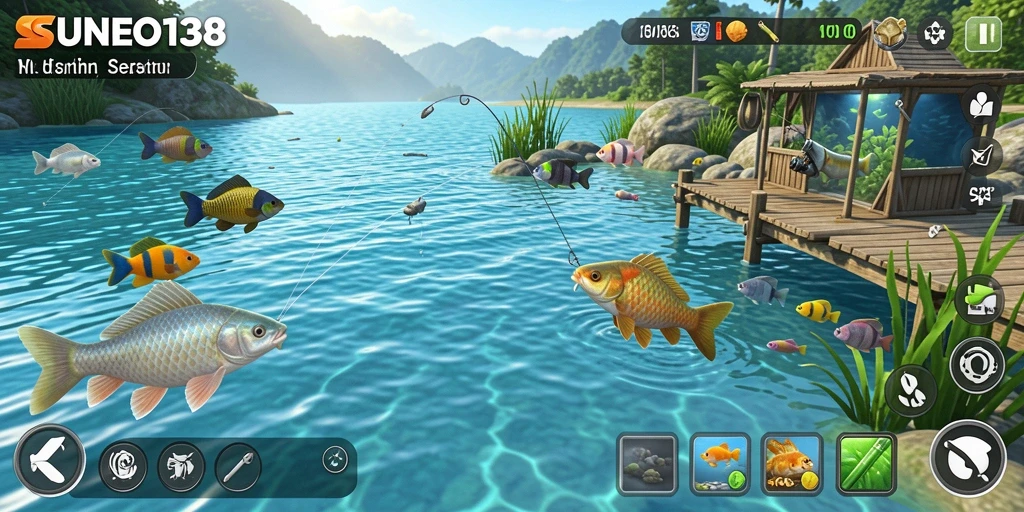 Tampilan gameplay SUNEO138 yang menampilkan pemain saat memancing ikan.