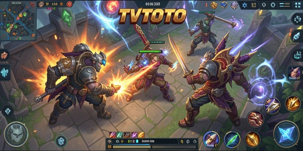 Screenshot utama TVTOTO menampilkan aksi pertempuran MOBA yang mendebarkan.